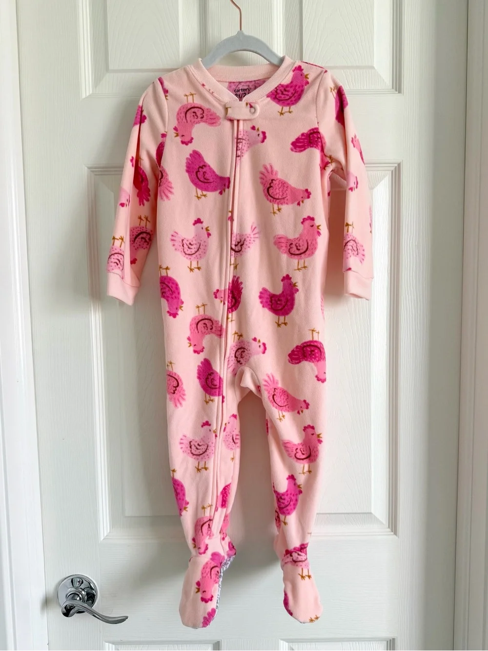 Carters Girls Fleece Bodysuit Pajamas | Pink with Chickens Print | 2T / 2A